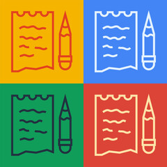 Pop art line Shopping list and pencil icon isolated on color background. Vector