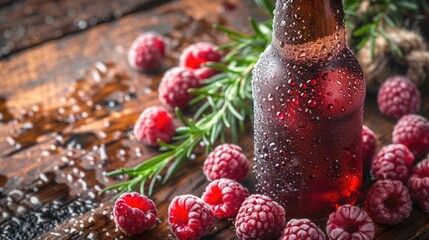 A close-up of a frosty raspberry rosemary beer bottle, with raspberries and a small bundle of...