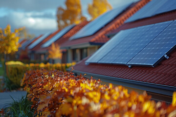 A row of houses featuring solar panels installed on their roofs
