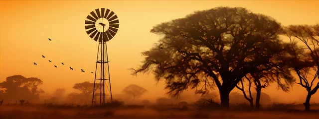Fototapete Rot  violett African landscape with windmill, trees and birds in warm colors at sunset in realistic style