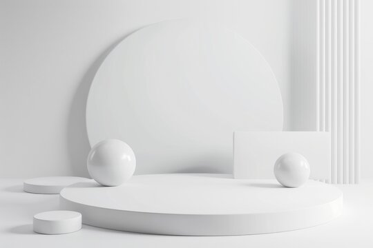 3D render of a minimalist circular podium, surrounded by floating geometric shapes, soft white background by AI generated image