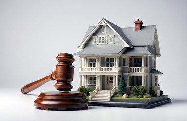 Law hammer, gavel and house business concept on isolated background.
