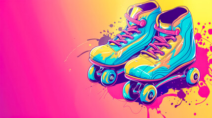 Vibrant retro roller skates on pink background