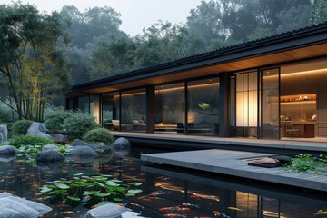 Fototapeta na wymiar A traditional Japanese house with sliding doors and a tiled roof stands gracefully lit amidst a serene garden as evening falls. generative ai 