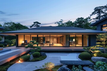 A traditional Japanese house with sliding doors and a tiled roof stands gracefully lit amidst a serene garden as evening falls. generative ai
 - obrazy, fototapety, plakaty