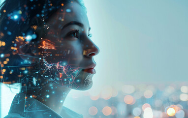 Innovative synergy: businesswoman immersed in holographic technology backdrop