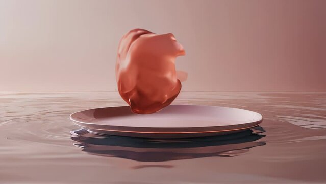An amorphous object resting on a white plate against a pink background
