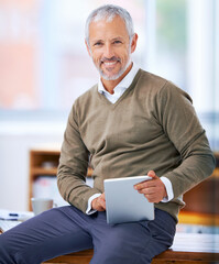 Portrait, happy and businessman with tablet in office for website research on internet. Smile,...