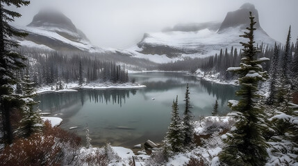 View of Lake O'Hara against snow covered trees