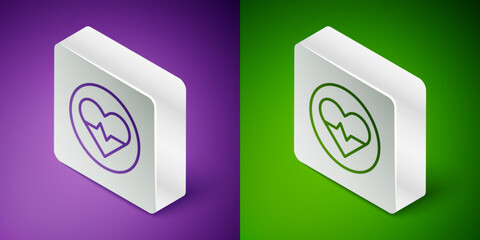 Isometric line Heart rate icon isolated on purple and green background. Heartbeat sign. Heart pulse icon. Cardiogram icon. Silver square button. Vector