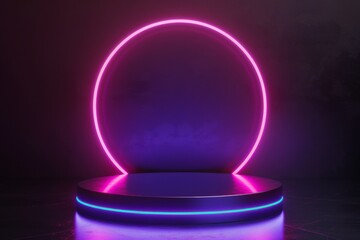 Minimalist round pedestal with striking neon lighting.