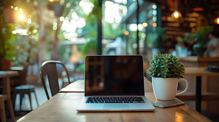 Remote and freelance work concept. Co-working space, table at cafe with open laptop computer screen mockup and blurry cafe interior in the background