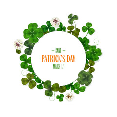 St Patrick's Day round text card. Editable copy space shamrock vector illustration. Green clover leaves and flowers border and round frame isolated on white background.