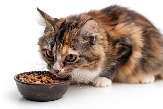 A cat with brown, black, and white fur approaches its food bowl with a clear hunger evident from its gleaming eyes and agile body posture.