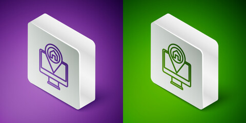 Isometric line Computer monitor and folded map with location marker icon isolated on purple and green background. Silver square button. Vector