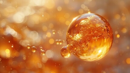 Golden oil bubbles floating in the air, rendered with realistic detail and a glossy finish.