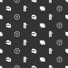 Set Pillow, Wi-Fi wireless, Five stars rating review and Door handle on seamless pattern. Vector
