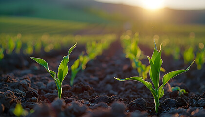 Springtime corn field with fresh, green sprouts in soft focus, in a farmed farm area. Agricultural landscape with soil-based corn sprouts. - obrazy, fototapety, plakaty
