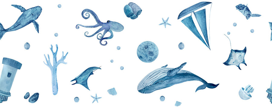 Watercolor hand-drawn multidirectional blue monochromatic border isolated on white. Whales, manta rays, shells, starfish, jellyfish and octopus