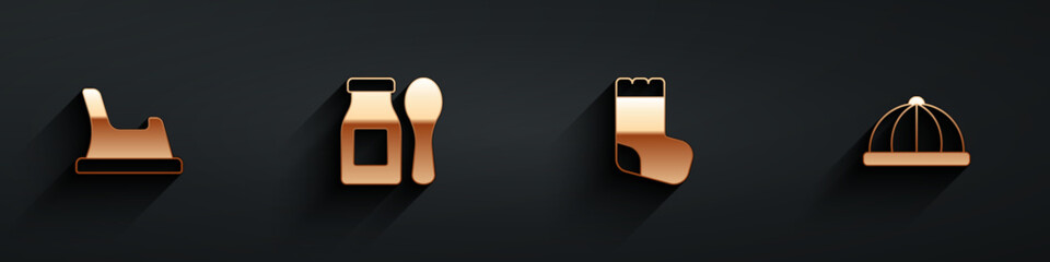 Set Baby potty, Yogurt in bottle with spoon, socks and hat icon with long shadow. Vector