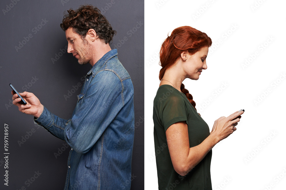 Poster Phone, man and woman in studio with mobile app for chat, match and connection with networking. Internet, communication and couple with application for online dating with smartphone, scroll and smile
