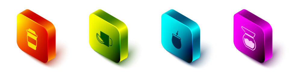 Set Isometric Cup of tea, with lemon, Mate and Teapot icon. Vector
