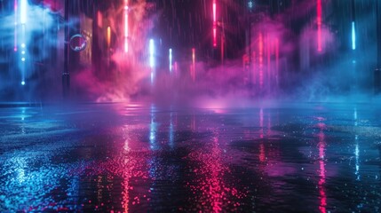 Dark street reflection with neon glow lights on wet asphalt. Rays of neon light and color smoke in the dark