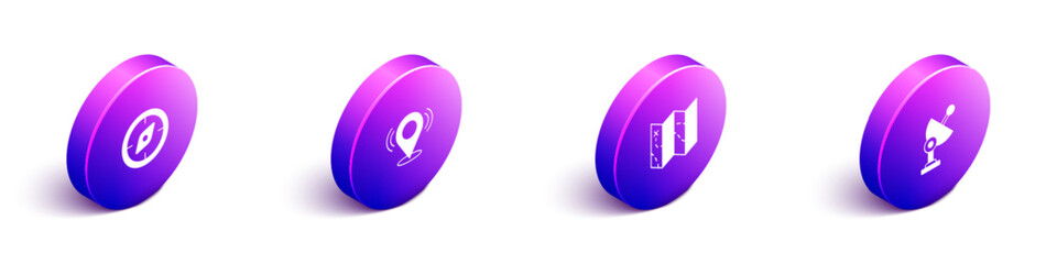 Set Isometric Compass, Map pin, Folded map and Radar icon. Vector