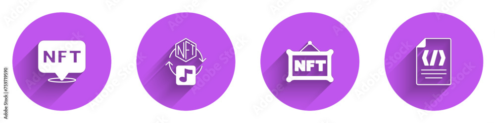Poster set nft digital crypto art, and binary code icon with long shadow. vector