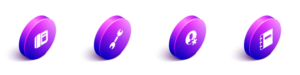 Set Isometric Telephone handset, Wrench spanner, Elected employee and Notebook icon. Vector