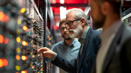 Senior business engineer talking with his business partner, surrounded by database servers