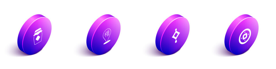 Set Isometric Jar of honey, Chinese New Year, paper lantern and Yuan currency icon. Vector
