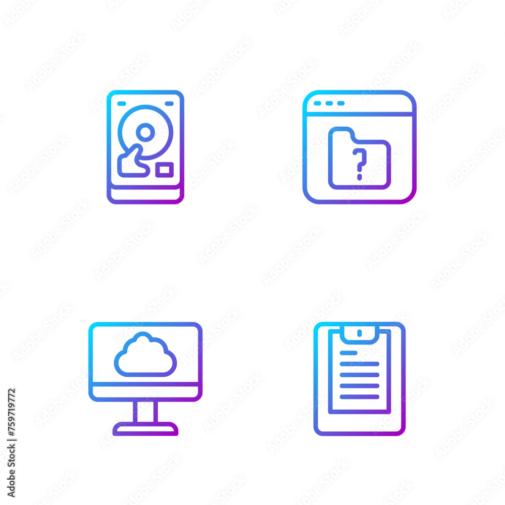 Poster set line server, data report, cloud technology data transfer, hard disk drive hdd and file missing. 