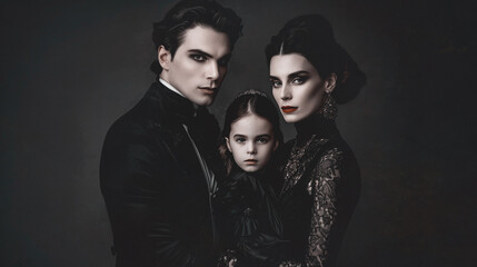 Studio portrait of young gothic family isolated on black background