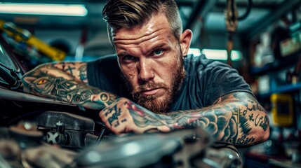 Focused mechanic with tattoos working on a car engine in a garage environment