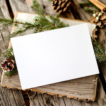 White square card layout on beige fir tree background and holiday box with Christmas ornaments, fir cones branches.