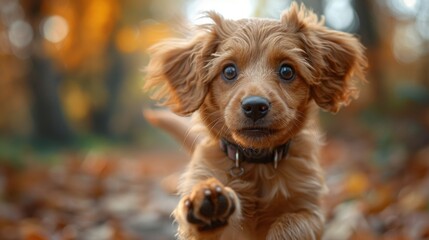 dog earnestly looking up to camera, looking very cute, reaching a paw out to the camera - obrazy, fototapety, plakaty