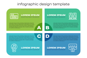 Set line Play in square, Music synthesizer, wave equalizer and Stereo speaker. Business infographic template. Vector