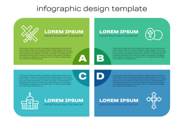 Set line Church building, Crusade, Christian cross and Easter egg. Business infographic template. Vector