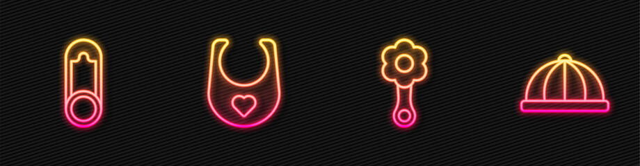 Set line Rattle baby toy, Baby clothes pin, bib and hat. Glowing neon icon. Vector