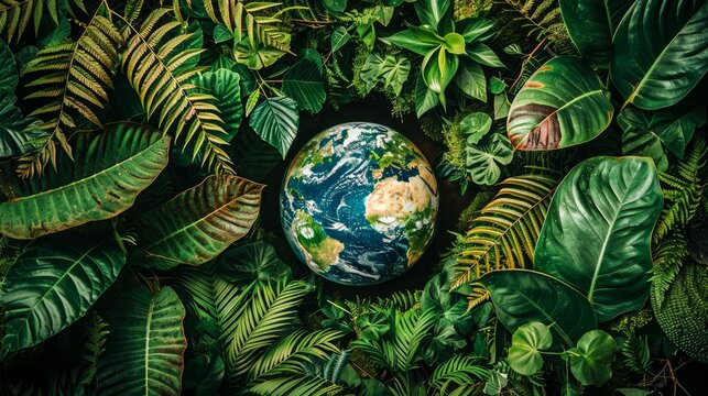 Planet Earth takes center stage in this vibrant image, encircled by a dense array of lush, green leaves
