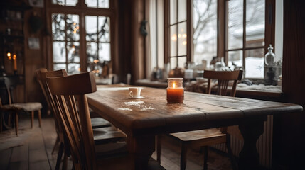 Fototapeta premium Winter ambiance: Wooden table set against a blurred backdrop of a cozy restaurant (cafe) in wintertime