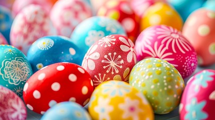 Fototapeta na wymiar A colorful collection of decorated Easter eggs with various patterns and designs, symbolizing tradition and springtime joy