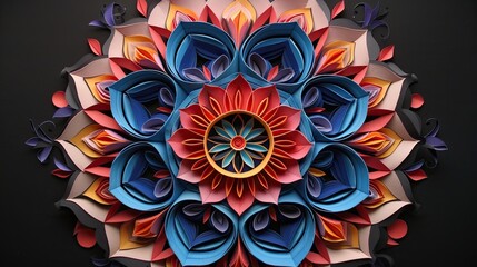 An intricate mandala design meticulously crafted from layers of colorful paper - obrazy, fototapety, plakaty