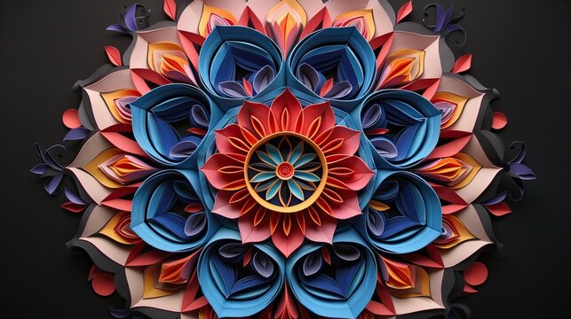 An intricate mandala design meticulously crafted from layers of colorful paper