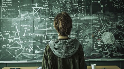 A focused student or researcher contemplates complex math problems written on a massive blackboard filled with equations