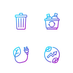 Set line Electric saving plug in leaf, Trash can and Recycle bin. Gradient color icons. Vector
