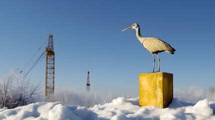 Winter's embrace: a yellow construction crane under the pale blue sky. A monolith protrudes from the frosty concrete surface