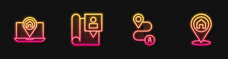 Set line Route location, City map navigation, Folded with marker and Location house. Glowing neon icon. Vector