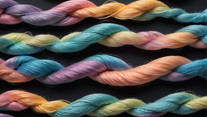 The harmony of thick threads in pastel colors on a black background, the threads are centered - obrazy, fototapety, plakaty